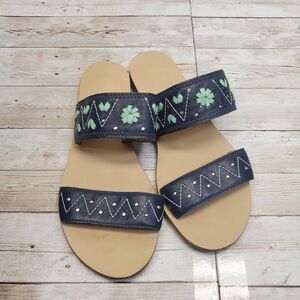Jack Rodgers Adair Two Strap Leather Slide‎ Navy and mint Sandals